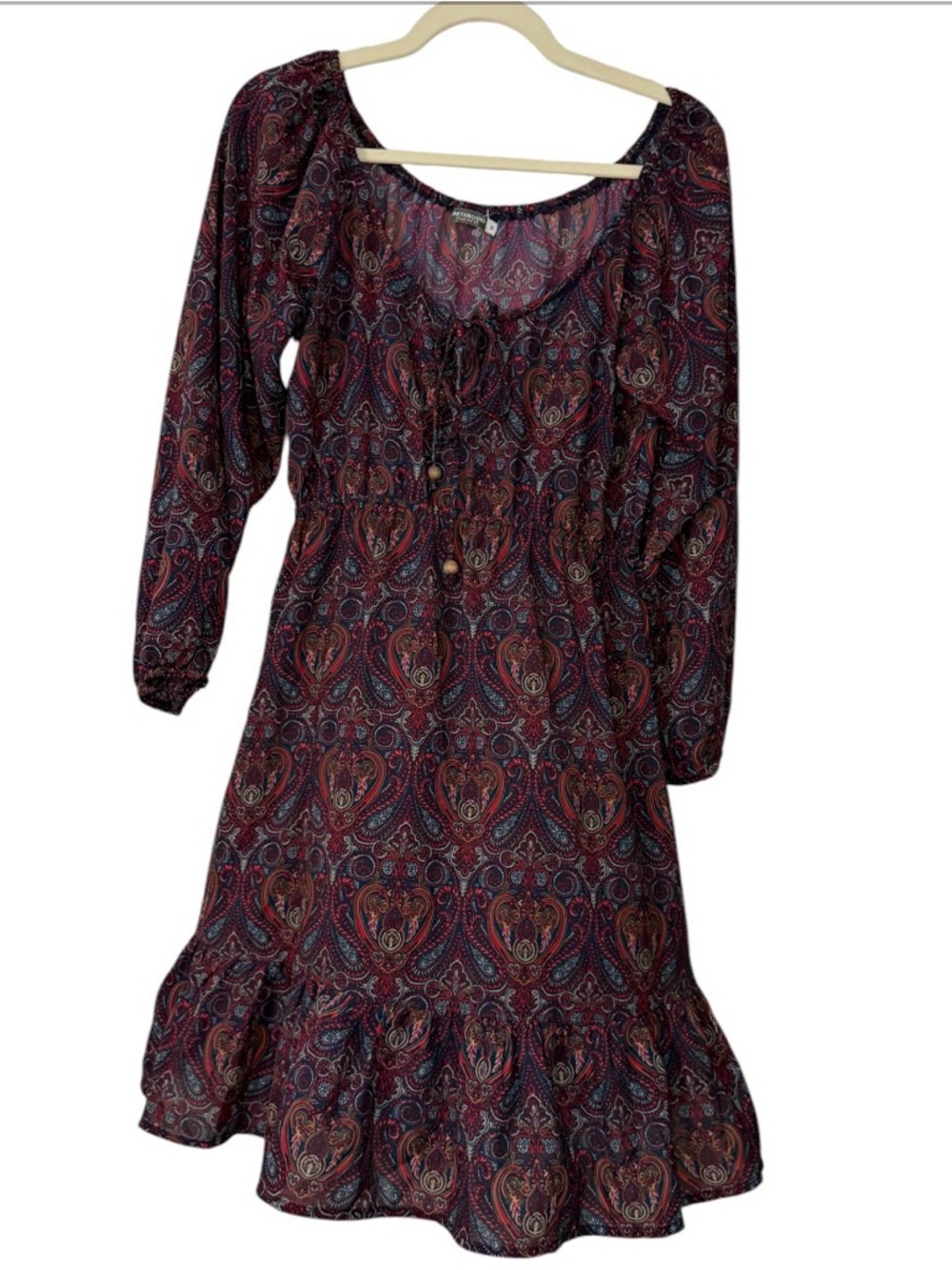 EARTHBOUND Burgundy Paisley Long Sleeve Ruffled Hem Dress